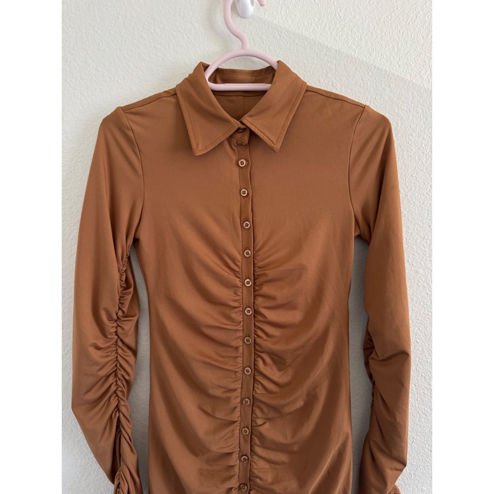 NWT L'EAU Berlin Button Up Mini Dress Chic Brown Ruched Long Sleeve Small Twee